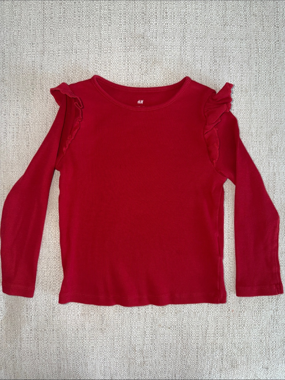 H&M Red Long-Sleeve Ruffle Shoulder Tee